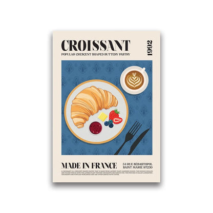 Poster with croissant, coffee, and berries on a plate against a blue background