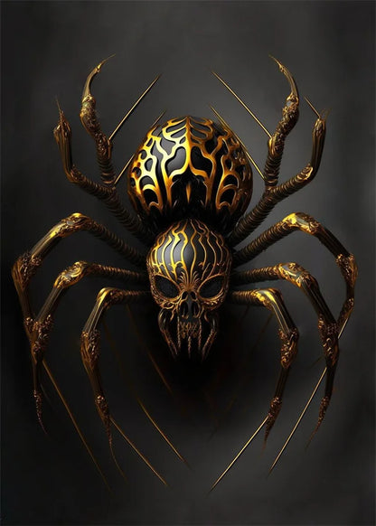 Decorative spider with gold and black design on a dark background