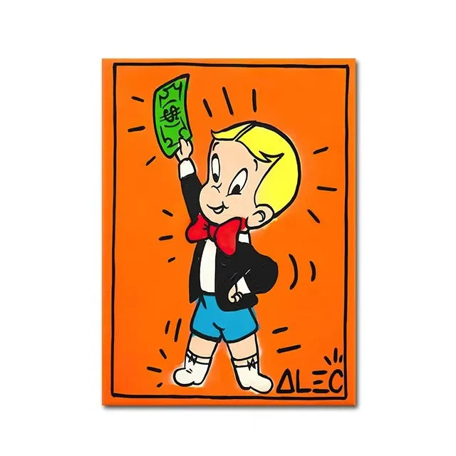 Cartoon character holding money on an orange background with 'ALEC' branding