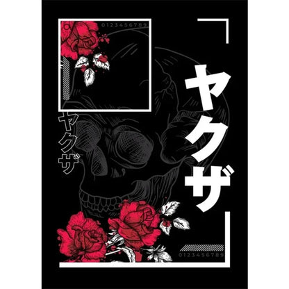 Black and white illustration with red roses and Japanese text on a black background