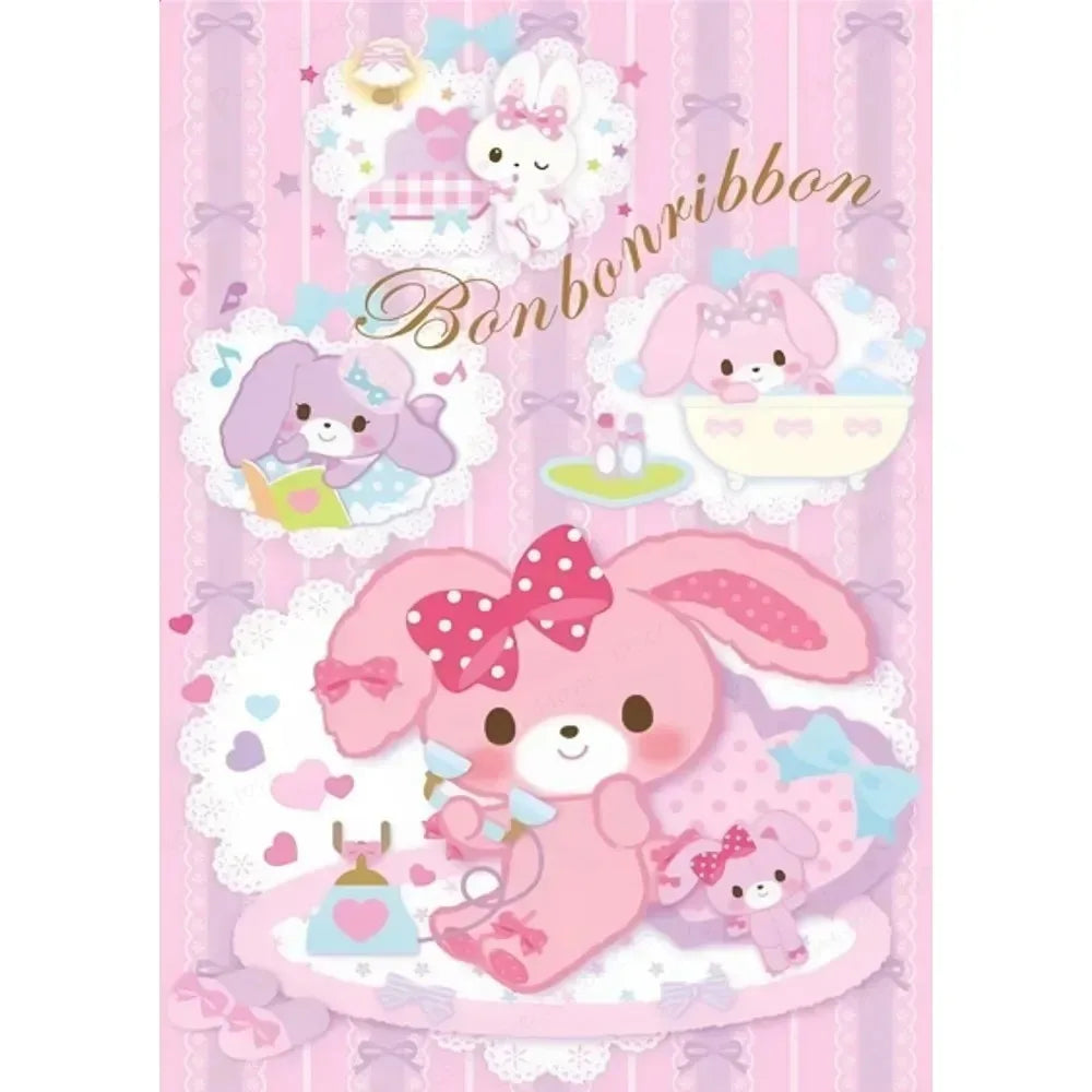 Cartoon characters with pink and purple colors on a pink background, featuring the brand 'Bonbonribbon'.