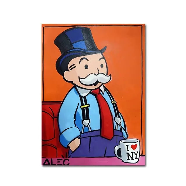 Cartoon character with a top hat and mustache sitting on a couch with an 'I ❤️ NY' mug, against an orange background.