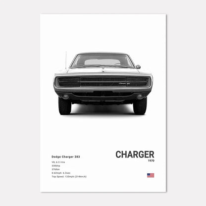 Poster of a Dodge Charger 383 with specifications on a white background