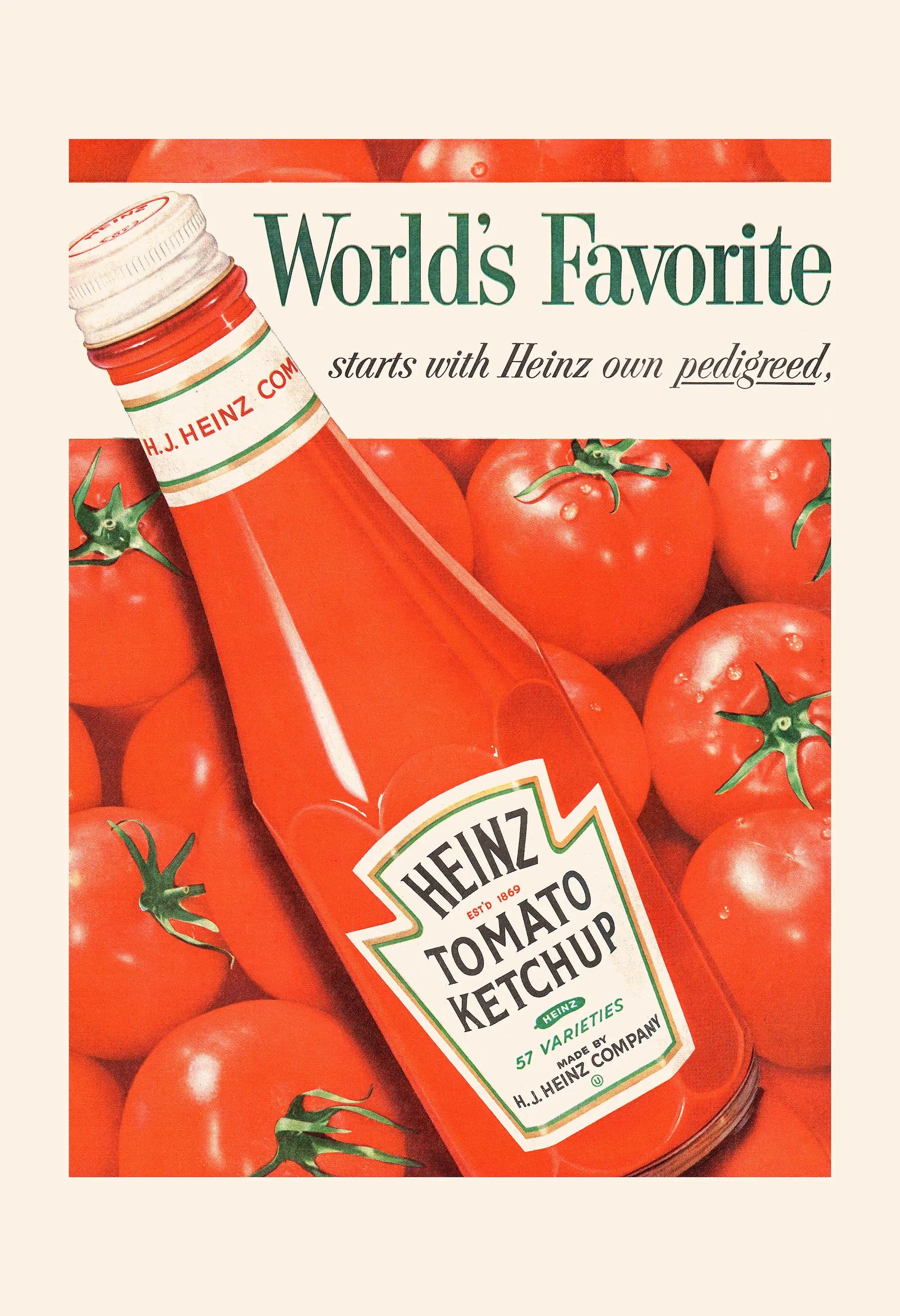 Vintage Heinz Tomato Ketchup advertisement with a bottle surrounded by tomatoes.
