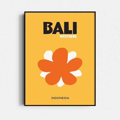 Poster with 'Bali Mystique' text and orange flower design on a yellow background