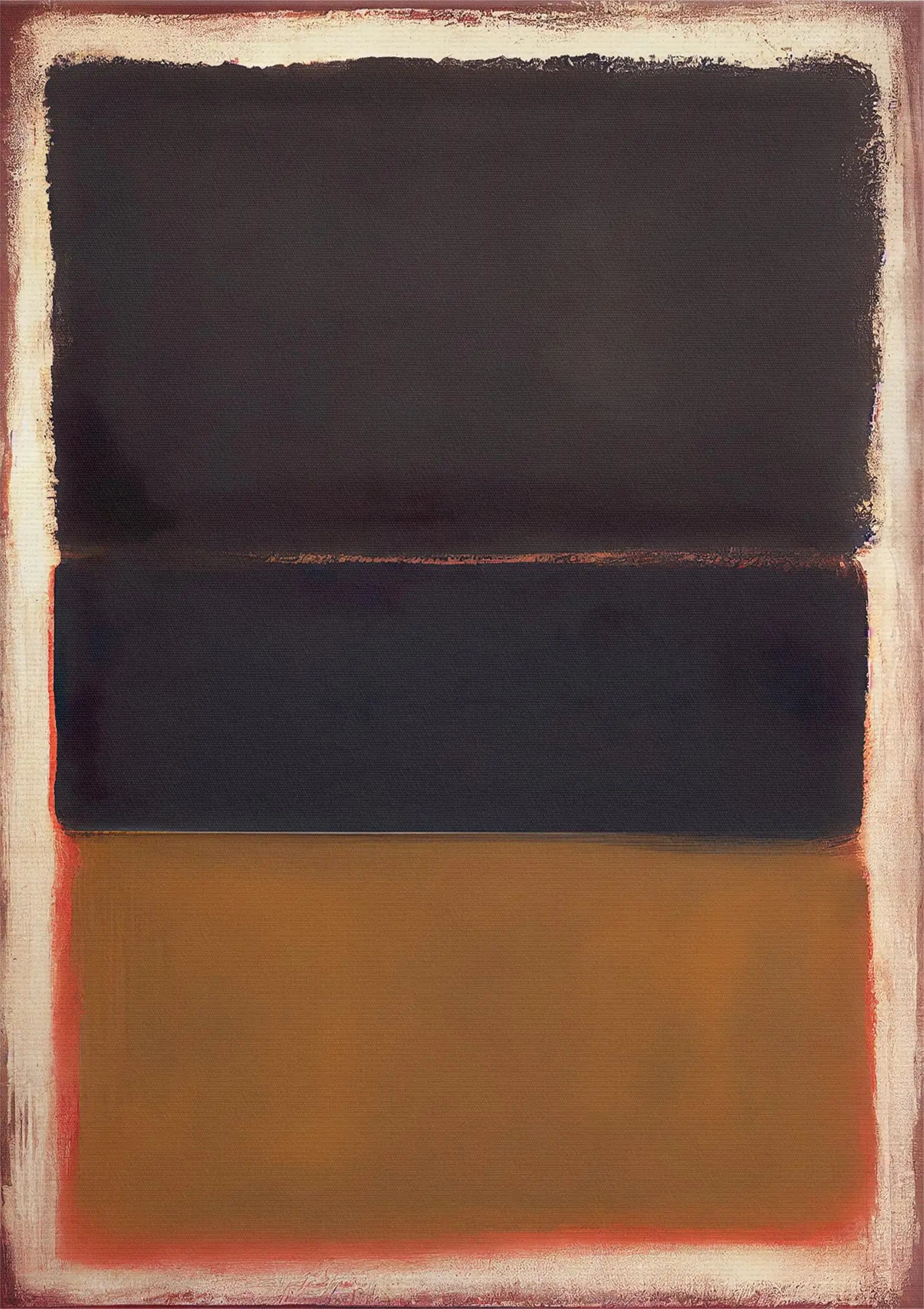Abstract art piece with two horizontal black rectangles on a brown background