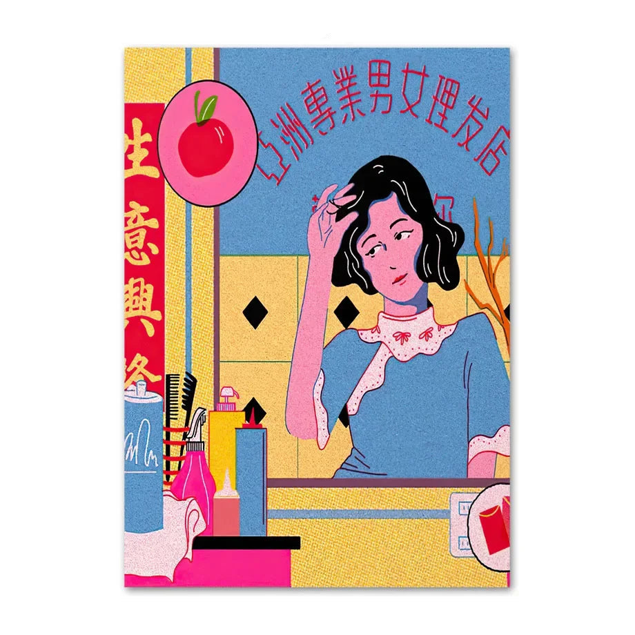 Illustration of a woman at a hair salon counter with colorful decor and text.