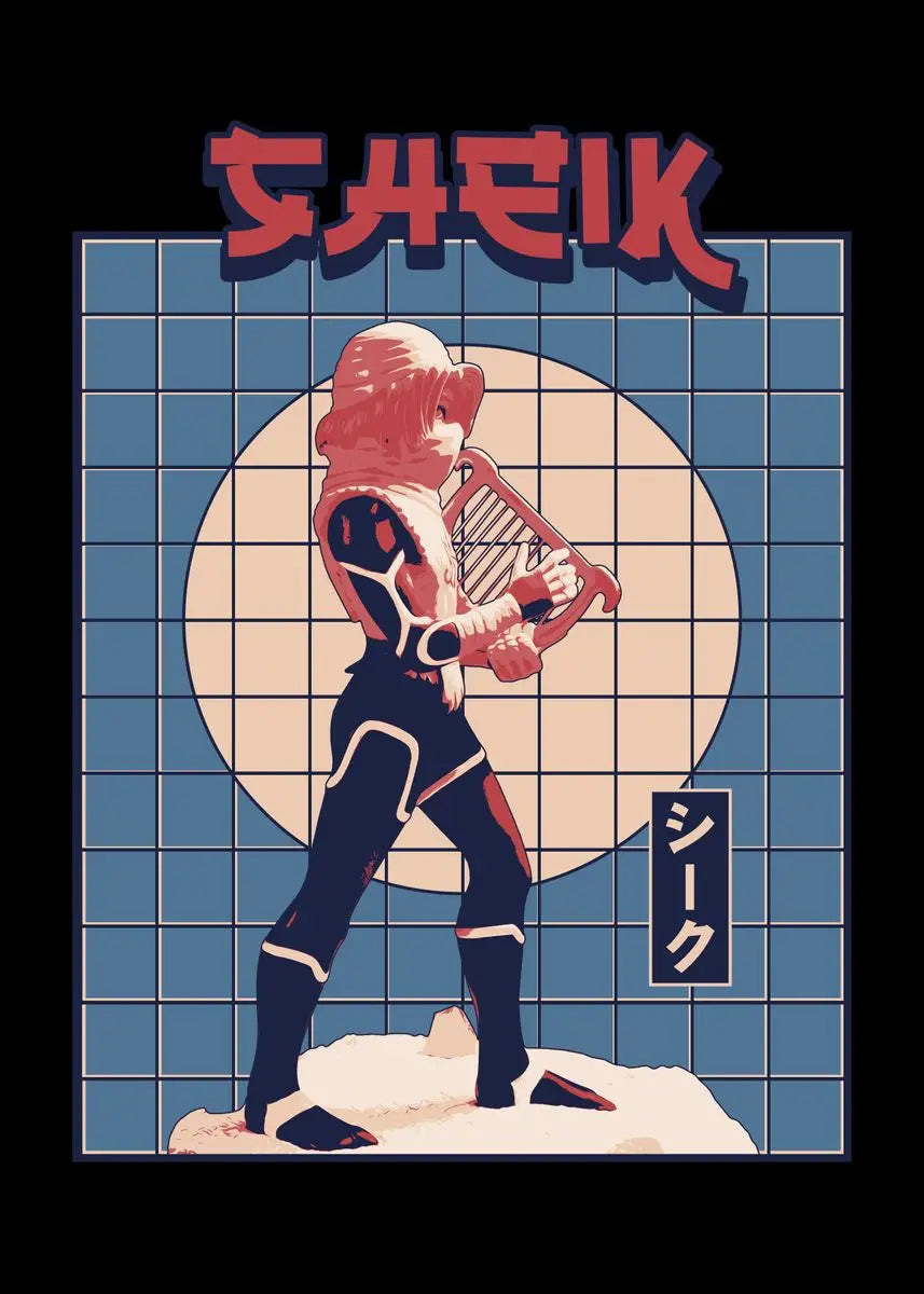 Character holding a harp with 'SHEIK' text above on a tiled background