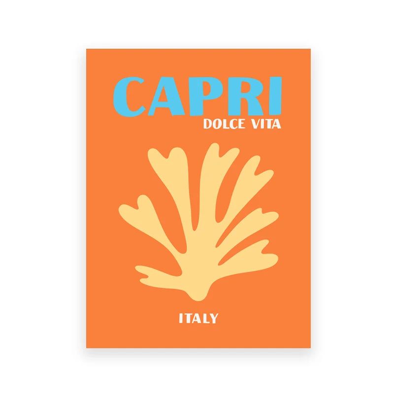 Poster with 'Capri Dolce Vita' text and yellow leaf design on an orange background