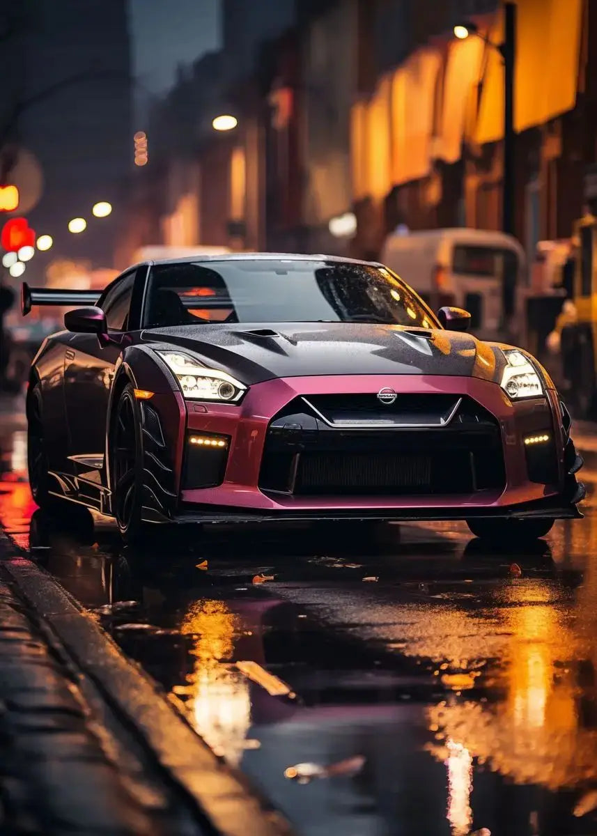 Pink and black sports car on a wet street at night