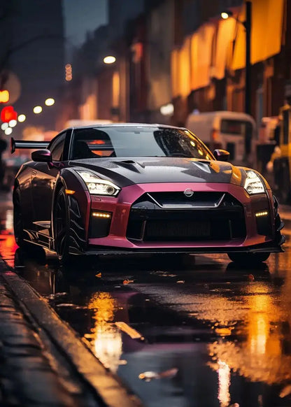 Pink and black sports car on a wet street at night