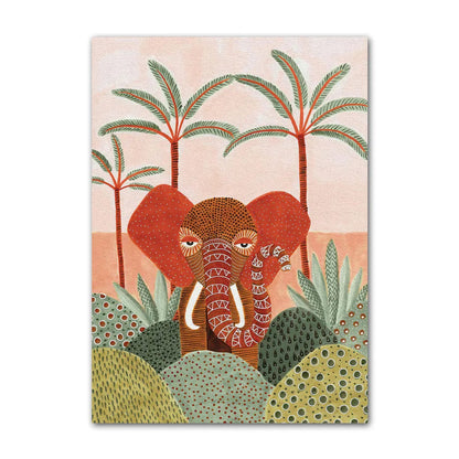 Illustration of an elephant with palm trees and plants on a patterned background