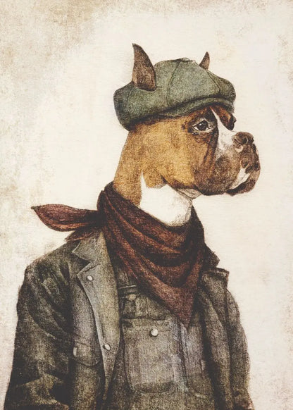 Dog wearing a hat and overalls with a scarf on a textured background