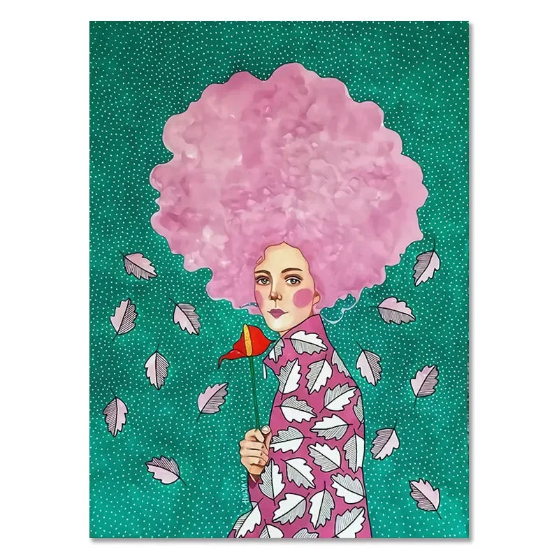 Illustration of a person with a large pink afro on a green polka dot background