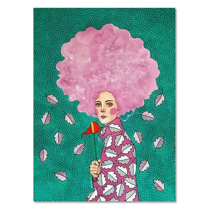 Illustration of a person with a large pink afro on a green polka dot background