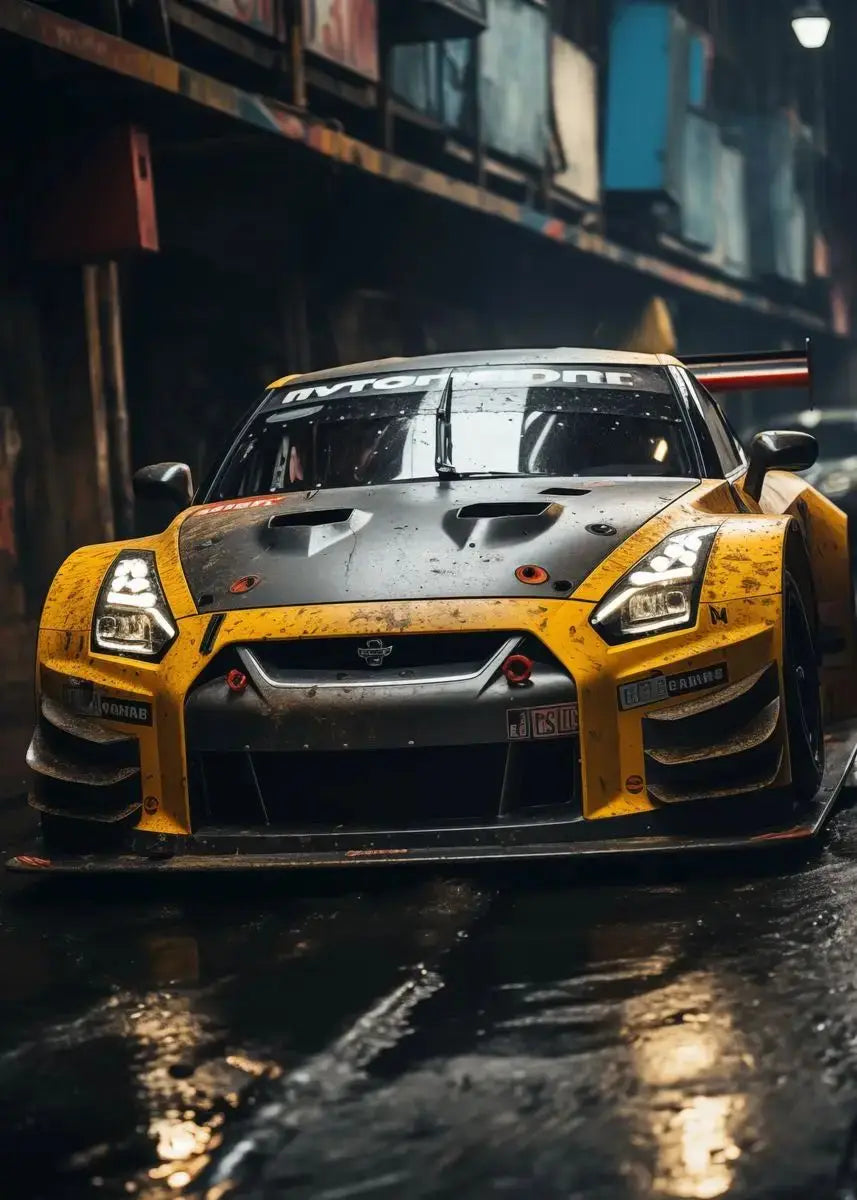 Yellow and black race car on a wet track