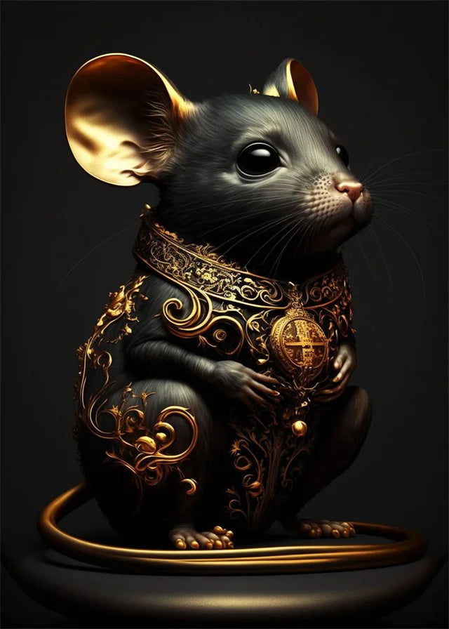 Decorative mouse figurine with gold jewelry on a dark background
