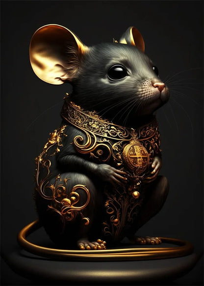 Decorative mouse figurine with gold jewelry on a dark background