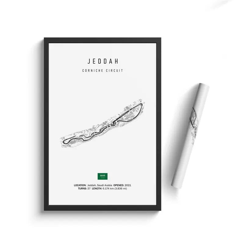Framed poster of Jeddah Corniche Circuit with a pen on a white background
