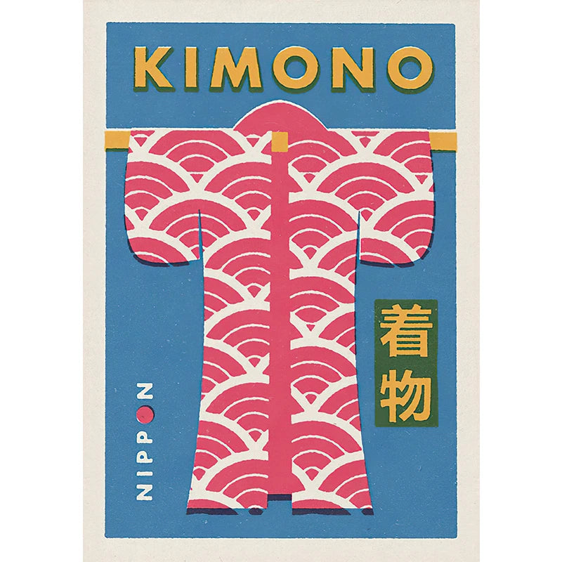 Kimono design with 'KIMONO' text and wave pattern on a blue background