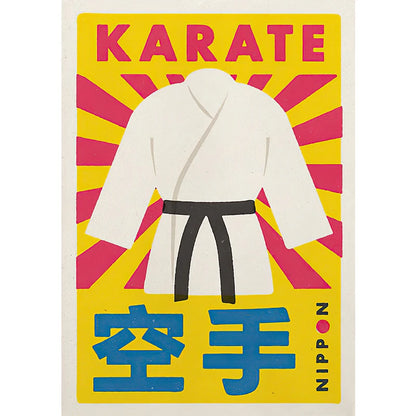 Karate gi with black belt on a yellow and pink background with 'KARATE' text.