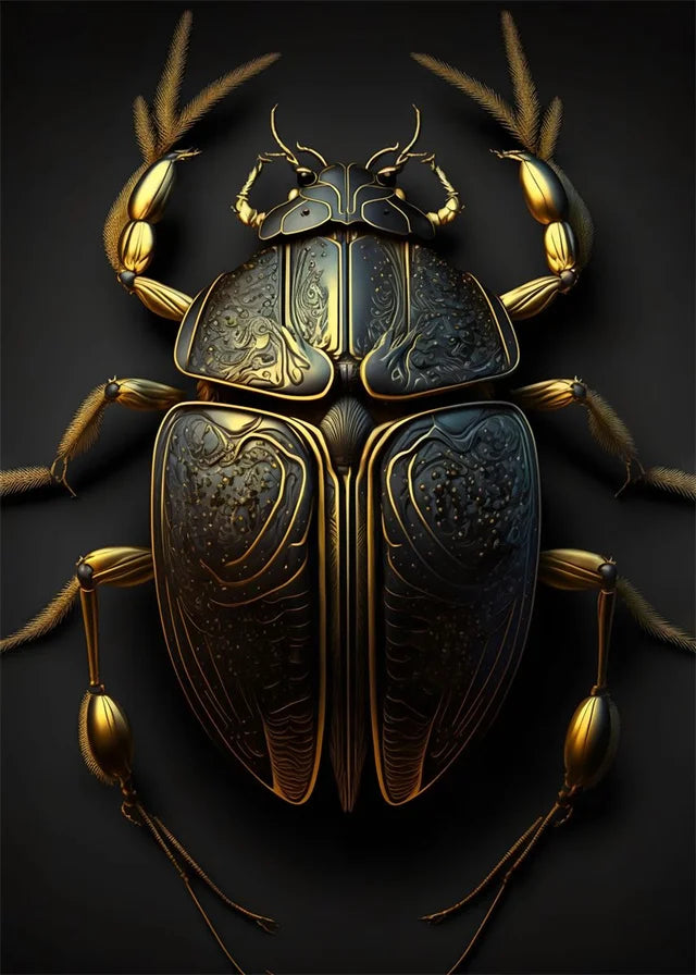 Decorative beetle with gold and black details on a dark background