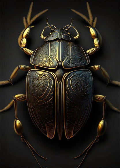 Decorative beetle with gold and black details on a dark background