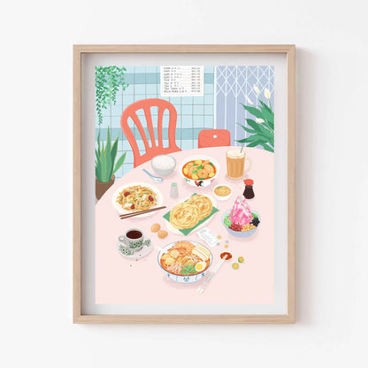 Framed illustration of a dining table with food and drinks on a white wall.