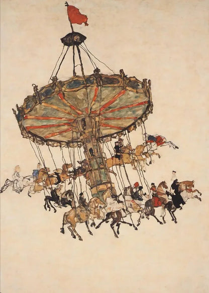 Decorative painting of a carousel with horses and riders on a beige background