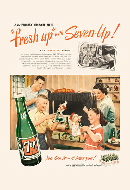Vintage advertisement for Seven-Up featuring a family around a television set.