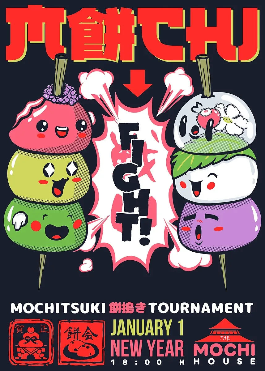 Promotional poster for a Mochitsuki tournament featuring cartoon mochi characters on a dark background.