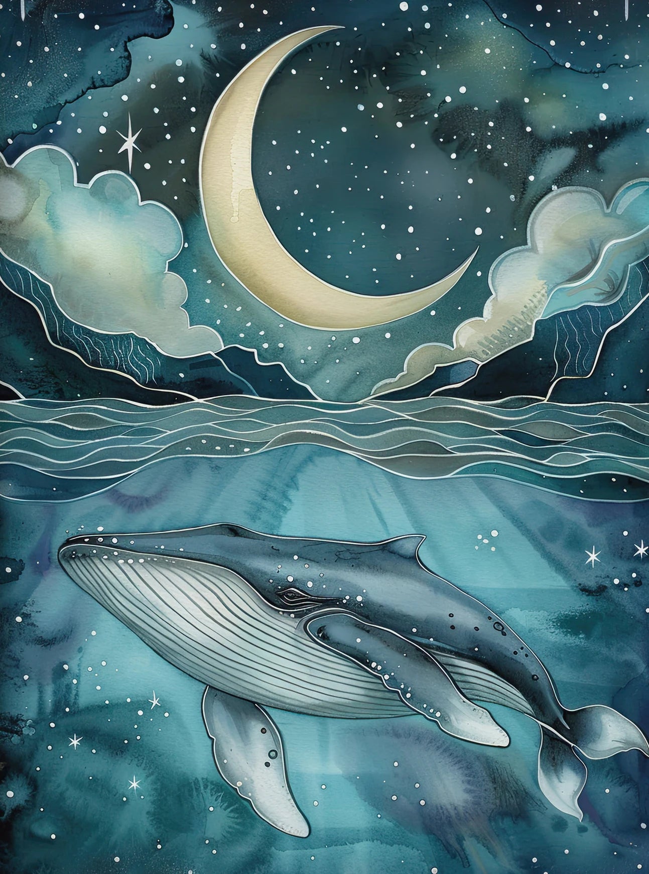 Whale swimming in water with a crescent moon and clouds in the sky