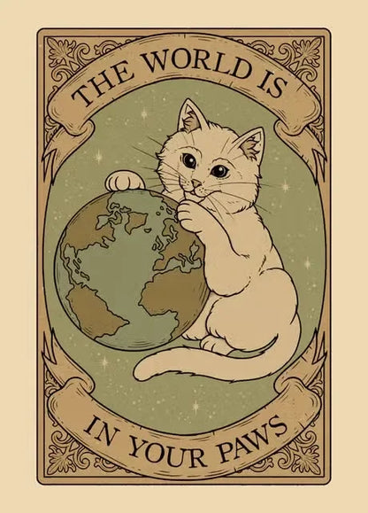 Vintage-style illustration of a cat holding a world map with text 'The world is in your paws' on a beige background.