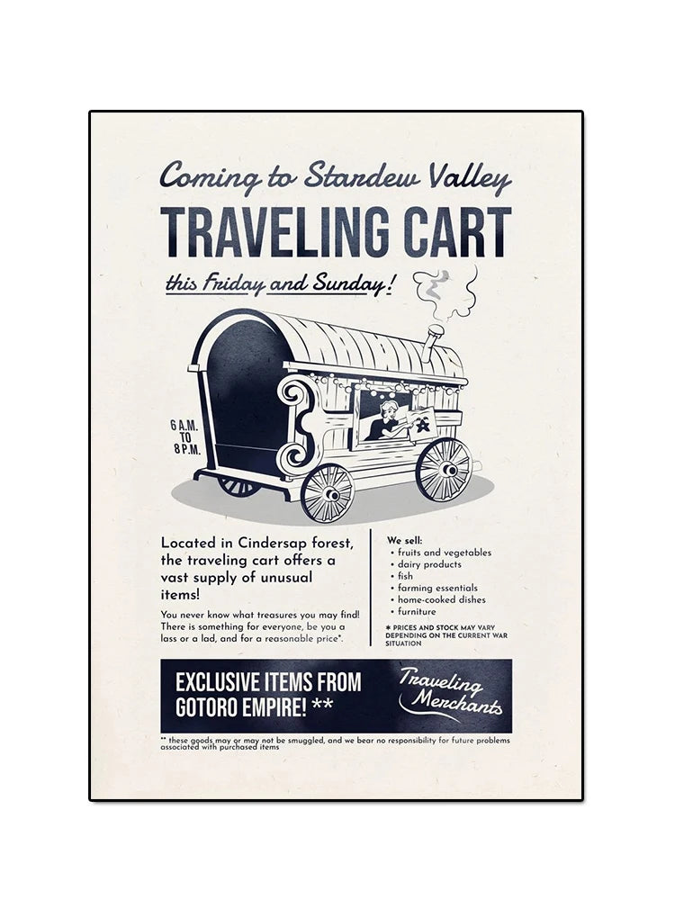 Advertisement for a traveling cart event in Standew Valley, featuring a vintage-style cart illustration.