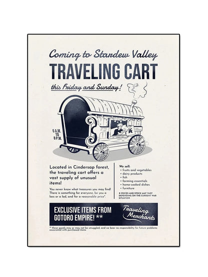 Advertisement for a traveling cart event in Standew Valley, featuring a vintage-style cart illustration.