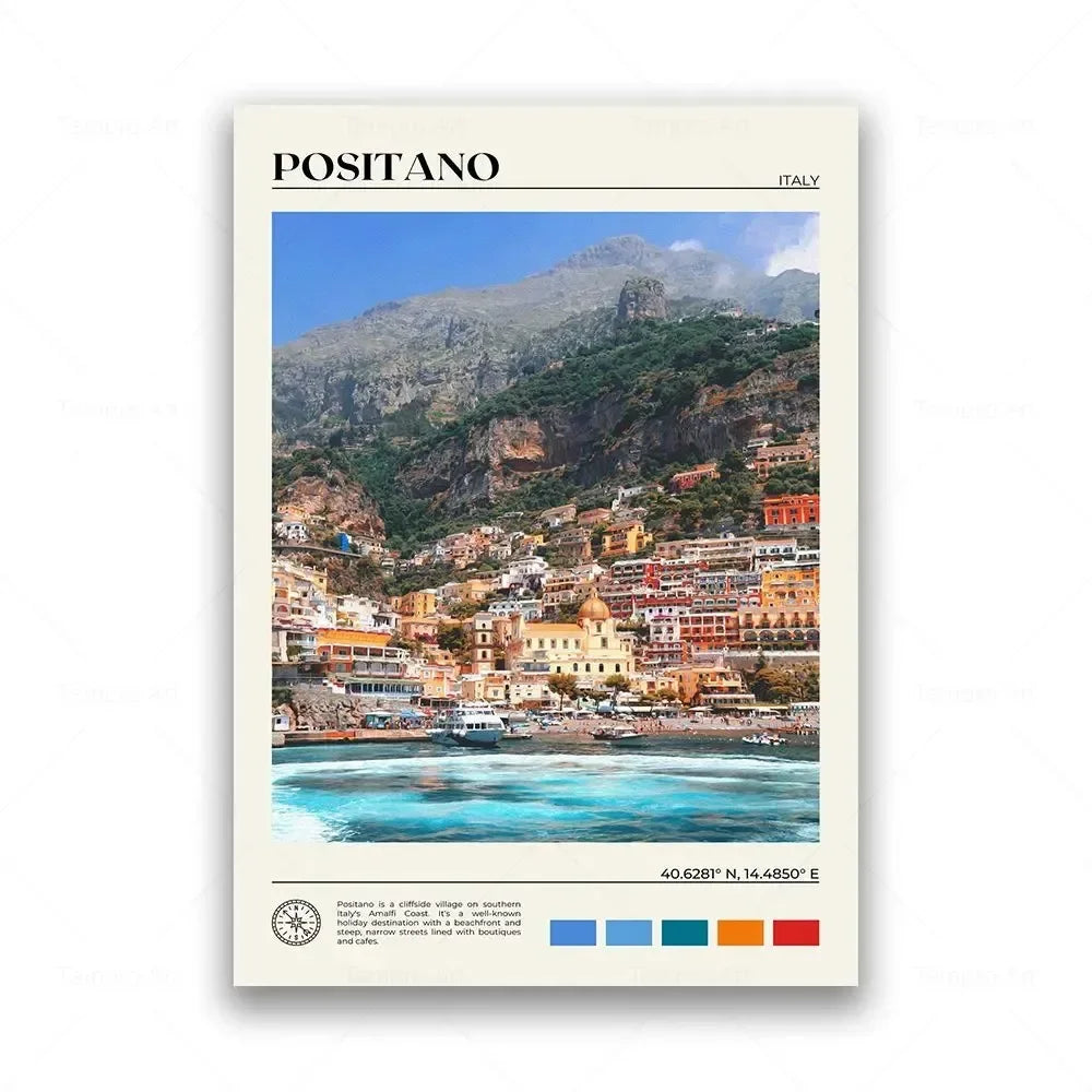 Poster of Positano, Italy with mountainous background and coastal view.