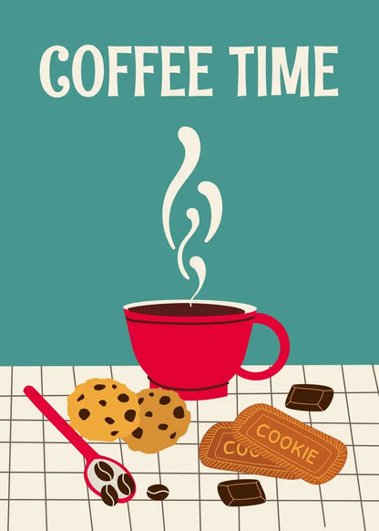 Illustration of a red coffee cup with steam, cookies, and a spoon on a checkered surface with teal background.