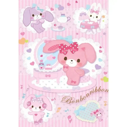 Cartoon character with a pink bow on a pink background with decorative elements