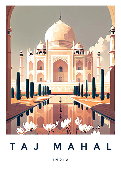 Illustration of the Taj Mahal with a reflective pool and flowers, set against a light gray sky.