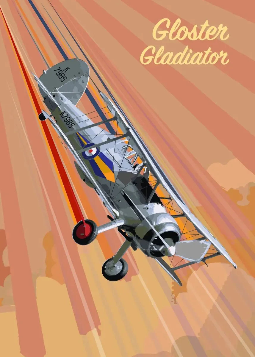 Illustration of a Gloster Gladiator airplane against an orange and brown background