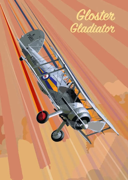 Illustration of a Gloster Gladiator airplane against an orange and brown background