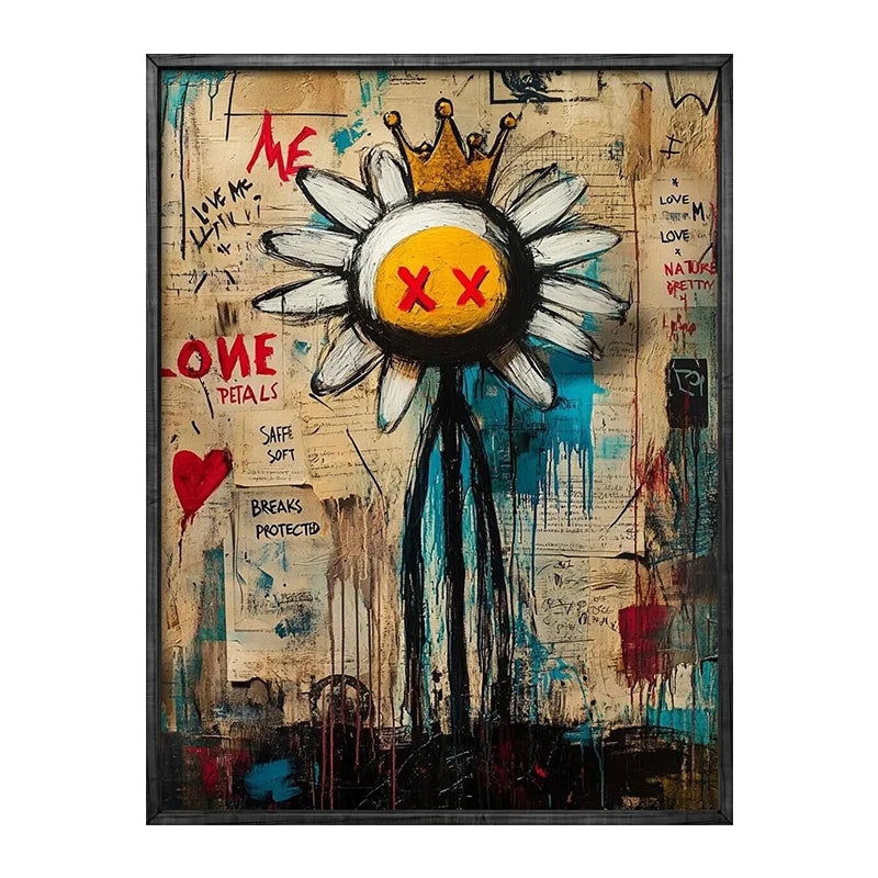 Artistic depiction of a flower with a crown and red X's on a textured background with text and graphics.