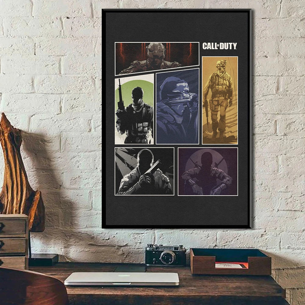 Framed 'Call of Duty' poster on a brick wall with a desk and decor items below.