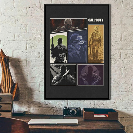Framed 'Call of Duty' poster on a brick wall with a desk and decor items below. Canvas & Curio