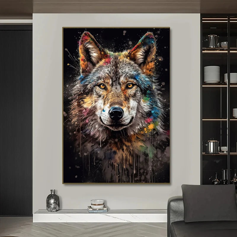 Colorful wolf painting on a wall in a modern living room.