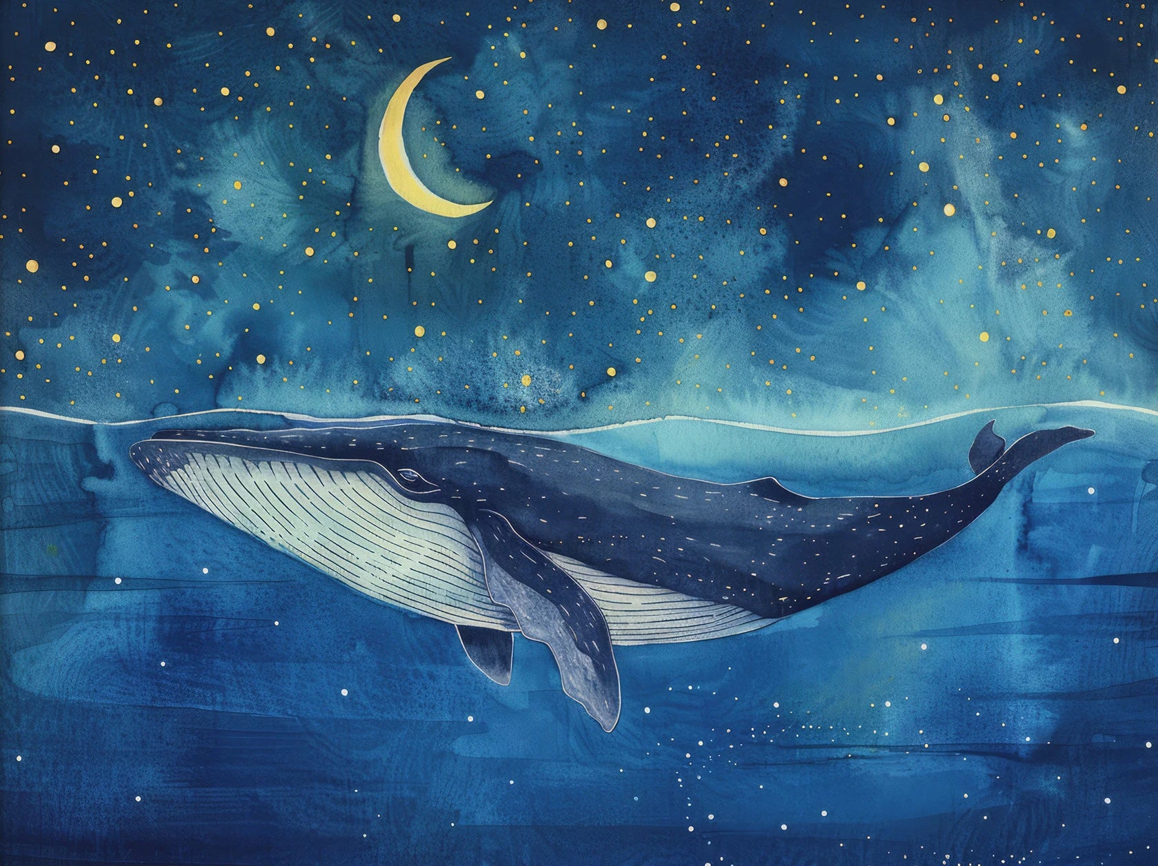 Whale swimming in water with a night sky and moon in the background