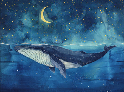 Whale swimming in water with a night sky and moon in the background