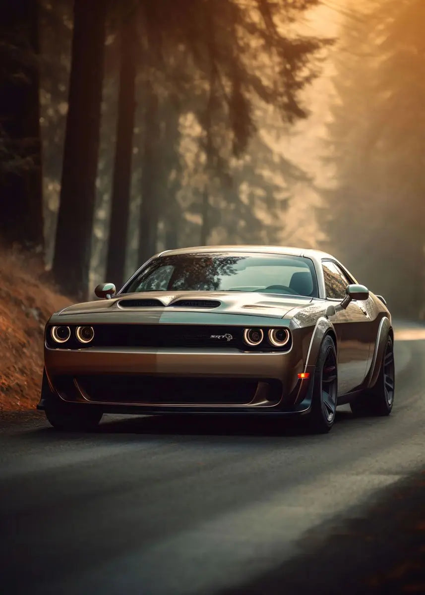 Muscular car driving on a road surrounded by trees