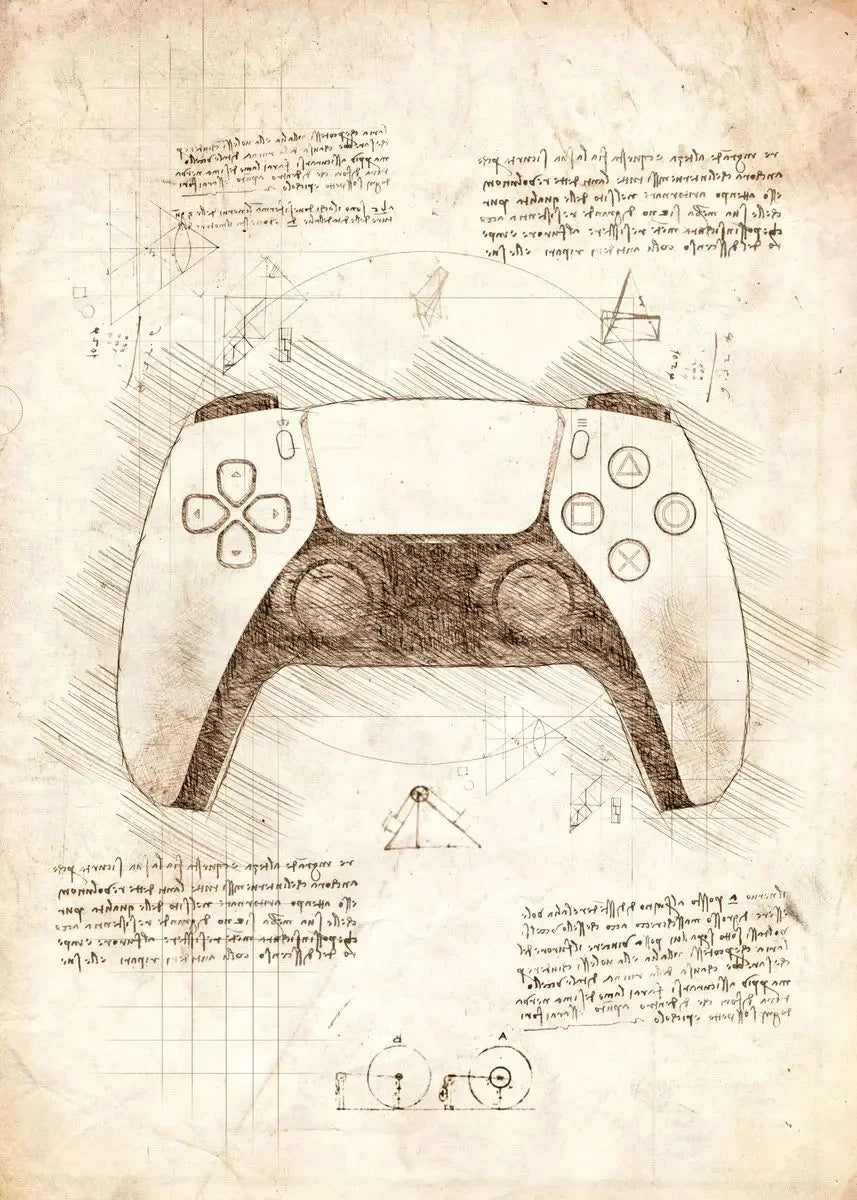 Sketch of a gaming controller on a paper background with text and diagrams