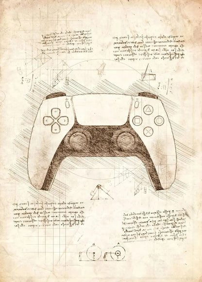 Sketch of a gaming controller on a paper background with text and diagrams